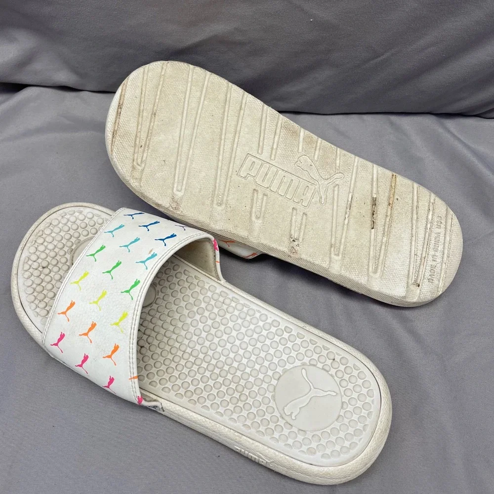 Puma Cool Cat Rainbow Monogram White Slides Mens Size 8 Sandals Multi Color Logo